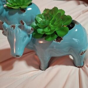 Ceramic Blue Cow Planter with Green Succulent